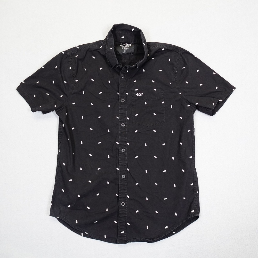 Hollister Button Up Shirt Mens XS Black Epic Flex Pineapple Print Short Sleeve